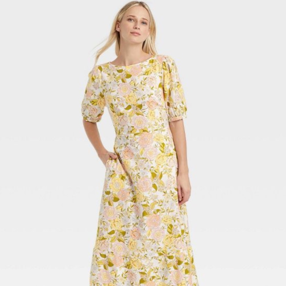 Women's XS Who What Wear Floral Bishop Elbow Sleeve Tie-Back Dress